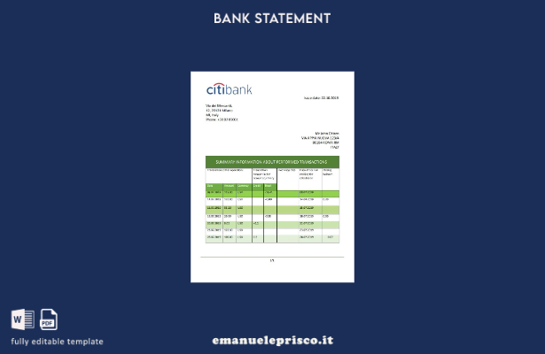 modello word di estratto conto bancario Citibank Italia in stile verificato